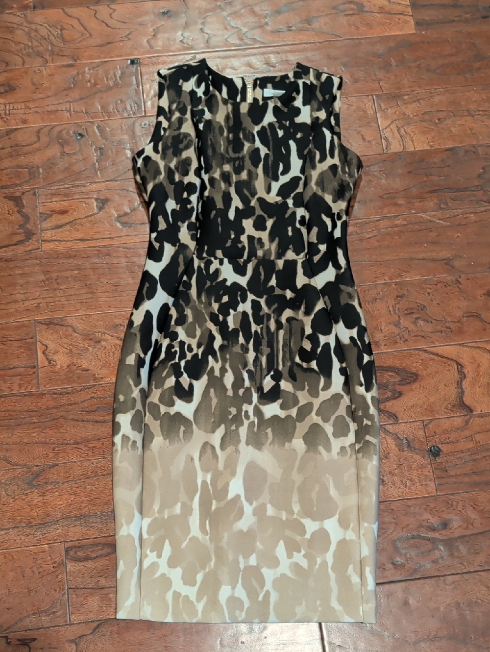 Calvin Klein Sleeveless Leopard-Print Midi Dress in Black and Tan